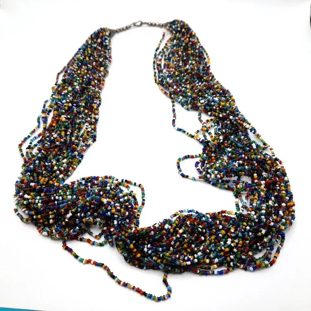 Vintage Multi-strand Glass Bead Necklace, Bohemian 28 Strands, 33 Inches